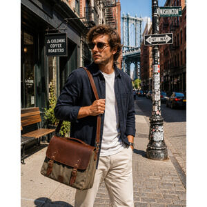 Brown Leather and Green Canvas Messenger Bag Dark Academia